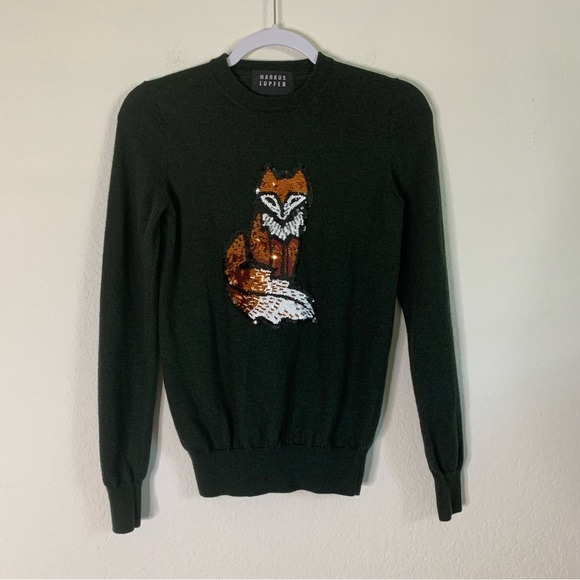 Markus Lupfer Womens green 100% merino wool sequin fox pull over sweatshirt XS - Picture 1 of 8